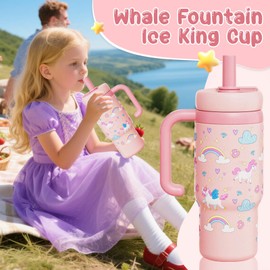 Stainless Steel Whale Fountain Tumbler with Handle – Two Lids, Spill-Proof, 710ml Drinking Cup with Whale Squirt, Cute & Perfect for Kids, Teens, and Adults, Dishwasher Safe (Pink-B)