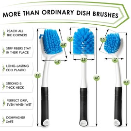 MOSOLAN Dish Brush Set of 3 with Water Bottle Brush, Dish Scrub Brush and Scrubber Brush - Kitchen Scrub Brushes, Non Slip Long Handle for Cleaning Cleaner Wash Dish Sink Dishes Cup Pot, Round Head