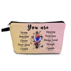 YULUENZE Bible Quote Makeup Bag Butterfly Cross Organizer Pouch with Zipper You Are Strong Beautiful Chosen Cosmetic Bag Inspirational Present for Women Christians Friends Sisters