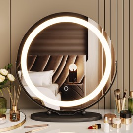 19 Inch Large Vanity Mirror with Lights, Round Led Mirror Makeup Mirror, Lighted Up Makeup Mirror with Lights for Bedroom Tabletop, 360° Rotation, Smart Touch Control 3 Colors Dimmable (Black)