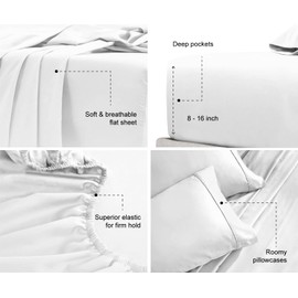 Pieridae King Size Sheets Set - 4 Piece, White King Sheets, Ultra Soft Breathable Linen Bed Sheets for King Size Bed, Double Brushed King Bed Sheets, Hotel Luxury King Size Sheets Deep Pocket Set