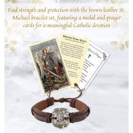St Michael Bracelet - with St Michael Prayer Card, The Lord's Prayer | Brown Faux Leather Archangel Michael Bracelet with Medal | Saint Michael Bracelet with Catholic Prayer Cards Set | 3 Items Total