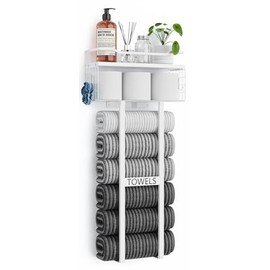 Aetyord Towel Racks for Bathroom 31inch Wall Mounted Towel Rack,Floating Shelf with Wood Plank,Towel Storage for Bathroom Can Holds 6 Large Rolled Towels,All White