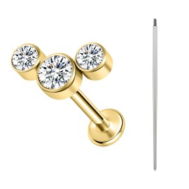 BodyAce Gold ASTM F136 Titanium Lip Bars, 16G Flat Back Earrings with Piercing Taper, Internally Threaded Labret Ring Cartilage Piercing Tragus Studs [Gold Three Zircon mickey]