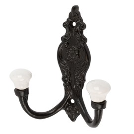 Hammer and Tongs - Ornate Double White Ceramic Coat Hook - W100mm x H115mm - Black