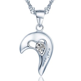 Unendlich U "Miss You" 2-Piece Necklace Love Motif Partner Chains 925 Sterling Silver Men's Heart Pendant Gift for Lovers, Stainless Steel