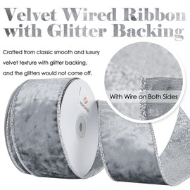 HUIHUANG Silver Velvet Wired Ribbon 2.5 inch Wired Velvet Ribbon with Silver Glitter Christmas Ribbon for Gift Wrapping, Christmas Tree Decoration, Bows, Wreaths, Garland- Continuous 10 Yards