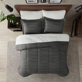 Nine West Harlow 7 Piece Reversible Stripe Bed in a Bag Complete Bedding Comforter Set with Sheets and Pillow Case for All Season, King, Black