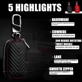 CGEAMDY Universal Car Key Case, Leather Car Key Smart Keychain Holder with Zipper and Metal Hook, Genuine Leather Cars Key Chains Wallet Men Women Pouch Case Holder, For Home Car Keys(Red)