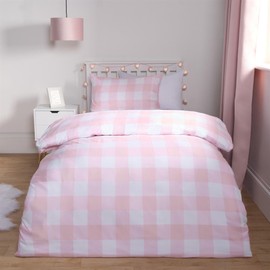 OHS Double Duvet Set Gingham Check, Ultra Soft Cosy Warm Fabric Stylish Classic Pink Gingham Check Pattern Quilt Double Bedding Set with 2 Pillowcases, Pink