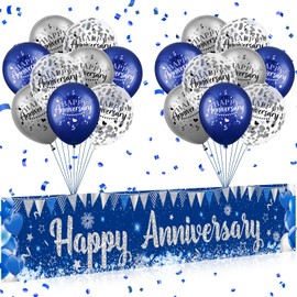 Blue Happy Anniversary Decorations for Men Women, Silver Blue Happy Anniversary Banner 18pcs Silver Navy Blue Happy Anniversary Balloons Party Decor for Wedding Anniversary Decorations Kit Supplies