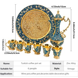 Turkish Coffee Cup and Tea Pot Set Including Teapot,Tea Tray,6 Metal Cups,Tea Service Set for Tea Table Decor,Hip Flask (Blue and Gold)