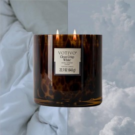 Votivo Clean Crisp White Tortoise Scented Candle | 22.7 oz Soy Wax Blend | Luxurious Cotton Scent | Decorative Home Decor Tortoiseshell Pattern | 100 Hour Burn Time