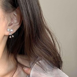 Andelaisi Boho Rhinestone Bow Earrings Tiny Crystal Bow Stud Earrings Vintage Cherry Drop Earrings Shiny Cz Paved Bow Knot Earrings Jewelry for Women