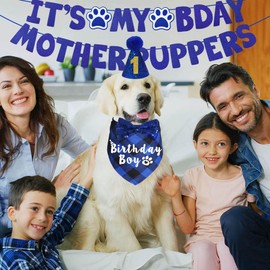 JOTFA Dog Birthday Party Supplies, Multi Sizes Dog Birthday Bandana Boy Dog Birthday Hat Bow Tie Birthday Numbers It’s My Bday Mother Puppers Sign Banner for Medium Large Dogs Pets (Large, Blue)