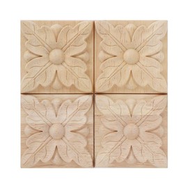 KIMISS Decorative Mouldings Wooden Architrave Corner Blocks Rubber Wood 4Pcs Carving Checkered Applique Unpainted Decal For Furniture Decoration (C) (Type 1)
