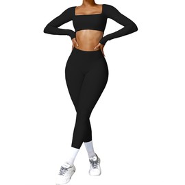 ABOCIW Workout Sets for Women 2 Piece Long Sleeve Square Neck Crop Top Scrunch Butt Lifting High Waist Leggings Gym Sets Z-Black Small