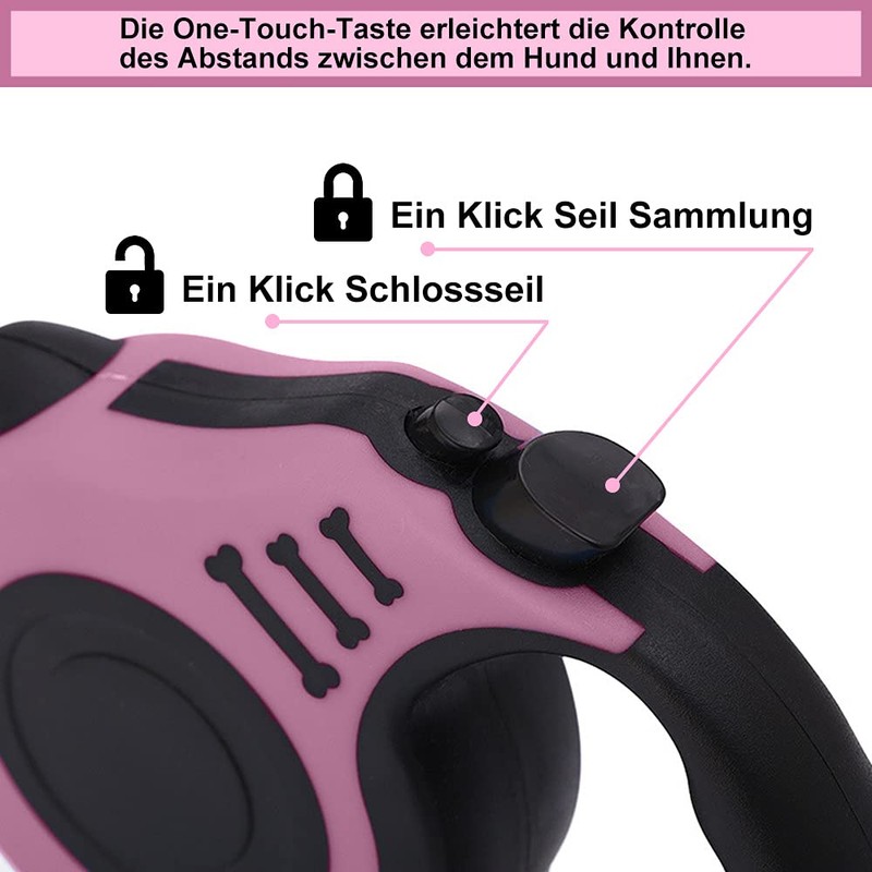 Retractable Dog Lead for Small, Medium and Large Dogs, Pink,