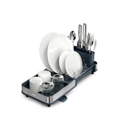 Joseph Joseph Extend Slim Steel Expandable Dish Drying Rack with Removable Cutlery Holder and Swivel Draining Spout, Compact Design, Grey