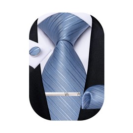 DiBanGu Striped Necktie, Handkerchief, and Tie Clip Set; Washable; School Entrance Ceremonies; Business; After-Parties, light blue striped