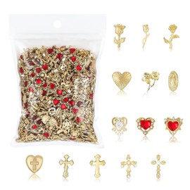Tressora 128 Piece Nail Charms Set, High Quality Golden 3D Nail Art Charms With Hearts, Crosses, Roses And Virgin Mary For Creative Nail Designs