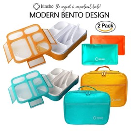 kinsho Bento Box with Lunch Bag and Ice Pack Set | Two Boxes, insulated Bags, Cold Packs for Kids Adults, Value Meal Containers for School Lunches or Snack, 6 Compartments BPA Free, Teal and Orange