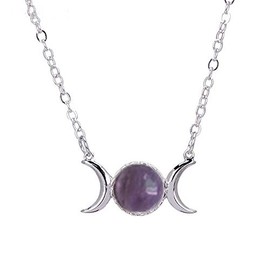 RUIZHEN Silver Triple Moon Goddess Symbol Opal Healing Crystal Natural Stone Pendant Necklace (amethyst)