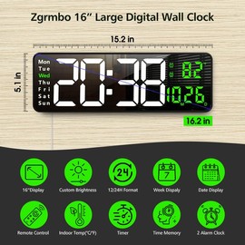 Zgrmbo 16-inch Digital Wall Clock with Remote Control, Large Display Digital Clock with Date, Indoor Temp, Week, 12/24H, Auto Dimming, A Wall Clock Suitable for Living Room, Warehouse, Shop, Gym