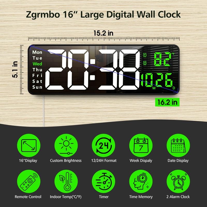 Zgrmbo 16-inch Digital Wall Clock with Remote Control, Large Display
