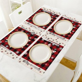 Christmas Placemat Set of 6, 12x18 Inch Red Black Buffalo Plaid Seasonal Winter Snowflake Xmas Merry Christmas Coffee Table Mats for Indoor Outdoor Party Kitchen Dining Table Decoration
