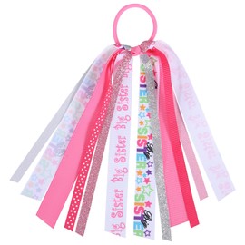 8.7-Inch Big Sister Ponytail Streamer Hair Tie,Glitter Pink Bow Ribbon Elastic Hair Bands for Women Girls Big little Sister Birthday Gift, Hair Styling Decor Accessory