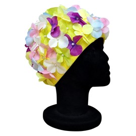 CHEX Ladies Lily Elasticated Swimming Hat Yellow Pink Purple Blue Decorated With 3D Flower Petals Imitation Pearls Swim Cap One Size Adults Soft Easy Pull On (Multicolour)