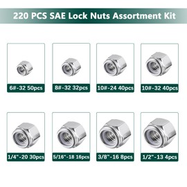 SAE Lock Nuts Assortment Kit, 220PCS Nylon Insert Nut Sets, 304 Stainless Steel Standard Inch Thread for Bolt 6#32 8#32 10#24 10#32 1/4"-20 5/16"-18 3/8"-16 1/2"-13