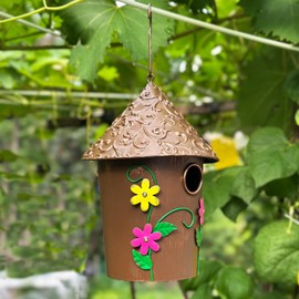 Yhthoha 9.25" H Metal Hanging Decorative Birdhouse for Hummingbird with Paint - Bird Houses for Outside, Birdhouses for Outdoors, Bluebird Houses for Outside for Yard, Garden, Backyard. (Gold)