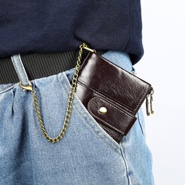 NIUCUNZH Genuine Leather Soft Bifold Rfid Wallets for Men Coin Purse Keychain Snap Zip Wallet with Chain Brown