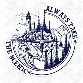 Always Take The Scenic Sticker Compass Camping Travel Adventure Hiking Decal Waterproof Die Cut Vinyl & Transparent DTF Decal for Water Bottle Laptop Car Helmet Gifts for Her Him