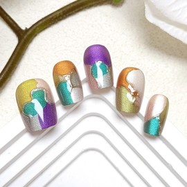 10Pcs Colorful Press on Nails Handmade Fake Nails Medium Square Acrylic Glue on Nail Glitter Gloss False Nails with Grid Designs Natural Reusable Artificial Stick on Nail for Women (Size M)
