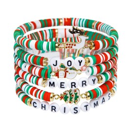 MALOYANVE 6 Pcs Christmas Bracelets for Women Men Sownman Beaded Reindeer Santa Joy and Merry Christmas Green Red White Wristband Holiday Best Jewelry Gifts (6 Pcs)