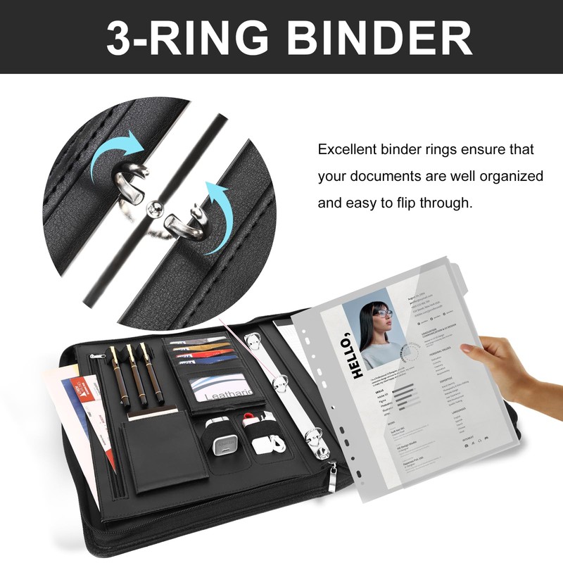 Leathario 3-Ring Portfolio Binder, Includes 5 Folder Index Dividers, 13