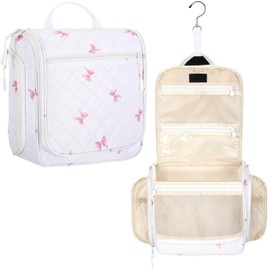 Eccliy Travel Toiletry Bag for Women Pink Bow Makeup Bag with Hook, Toiletry Organizer with 19 Compartments for Cosmetics Bathroom Shower Accessories Travel Essentials