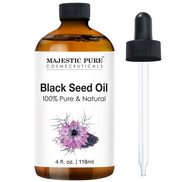 MAJESTIC PURE Black Seed Oil - 100% Pure, Natural & Cold Pressed Liquid - Nigella Sativa from Turkish Black Cumin Seed Oil - for Hair Growth, Skin, Face, Massage, and Essential Oils Mixing - 4 fl oz