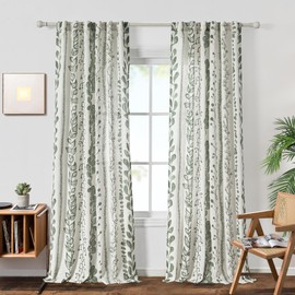 MEETSKY Sage Green Curtains 84 Inches Long 2 Panels Boho Curtains for Living Room Light Filtering Patterned Drapes for Bedroom Linen Style Back Tab Leaf Print Window Treatment, 50” Wide Each Panel