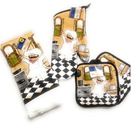 Home Collection Classic Chef Themed 5 Piece Set Towel 2 Towels-2 Pot Holders 1 Oven Mitt Black Checkered Kitchen Decor