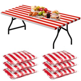 Boao 6 Pcs Plastic Picnic Table Cover 72 x 30 Inch for 6 ft Tables Disposable Waterproof red and White Striped Table Covers with Elastic Fitted for Picnic Camping Birthday Outdoor Party (Black)