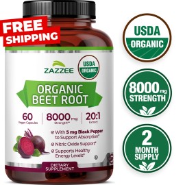 Zazzee USDA Organic Beet Root 8000 mg Strength 20:1 Extract, 60 Vegan Capsules
