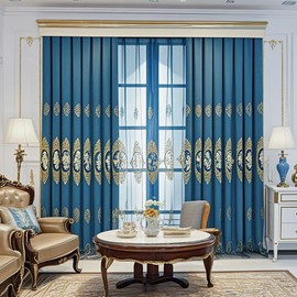 Amidoudou 1 Pair European Luxury Jacquard Hollow Curtains Embroidered Chenille Curtains for Living Room Bedroom (Royal Blue,51x96 Inch)