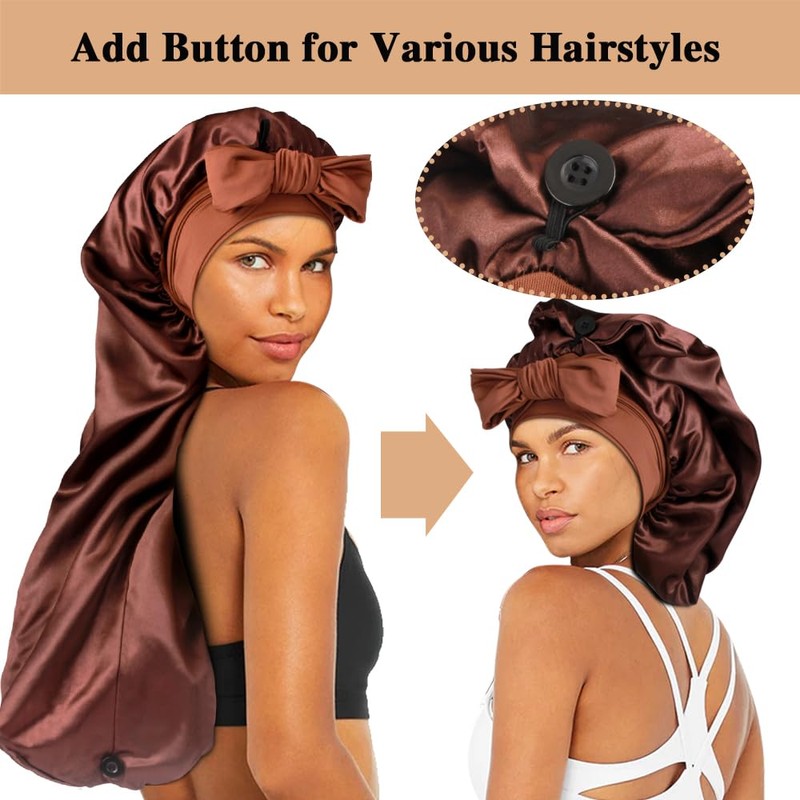 1+3 Long Satin Bonnets with Scrunchies for Women Sleeping, Double