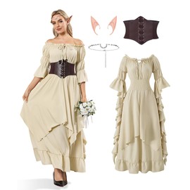 IEEILULU Women Renaissance Medieval Costume - Peasant Irish Victorian Gothic Off Shoulder Ruffle Fairy Maxi Dress 4 Pcs Beige L