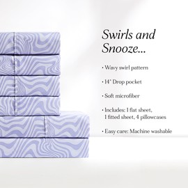 Lush Decor Retro Waves Sheet Set 6 Piece Set Full Violet - Striped Bed Sheets - Kids Full Sheets - Eclectic Design - Geometric - Groovy - Hippie Boho Decor