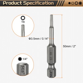 HARFINGTON 5pcs T8 Torx Head Screwdriver Bit 1/4" Hex Shank 2" (50mm) Long Magnetic No Hole Tip Tamper Proof 6 Point Star Screw Driver Drill Bits S2 Steel Industrial Power Screwdrivers